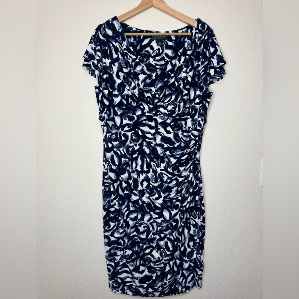 Lauren Ralph Lauren Navy & White Ruched Sheath Dress Size 16